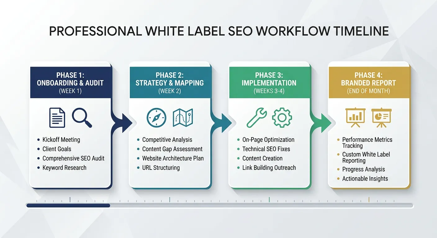 Four-phase horizontal workflow diagram showing the white label on-page SEO
process: Week 1 audit and onboarding, Week 2 strategy and mapping, Weeks
3-4 implementation, and end of month branded reporting