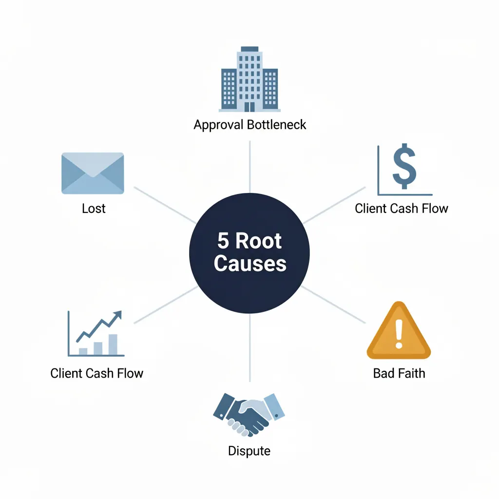  Infographic diagram showing five root causes for overdue invoices including lost invoice, approval bottleneck, and cash flow issues.