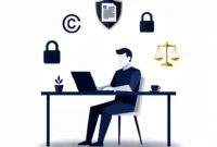 Flat illustration showing a freelancer at a desk with copyright protection symbols including a shield, padlock, and copyright symbol Why Is Copyright Law Important