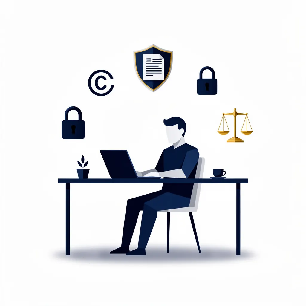 Flat illustration showing a freelancer at a desk with copyright protection symbols including a shield, padlock, and copyright symbol Why Is Copyright Law Important