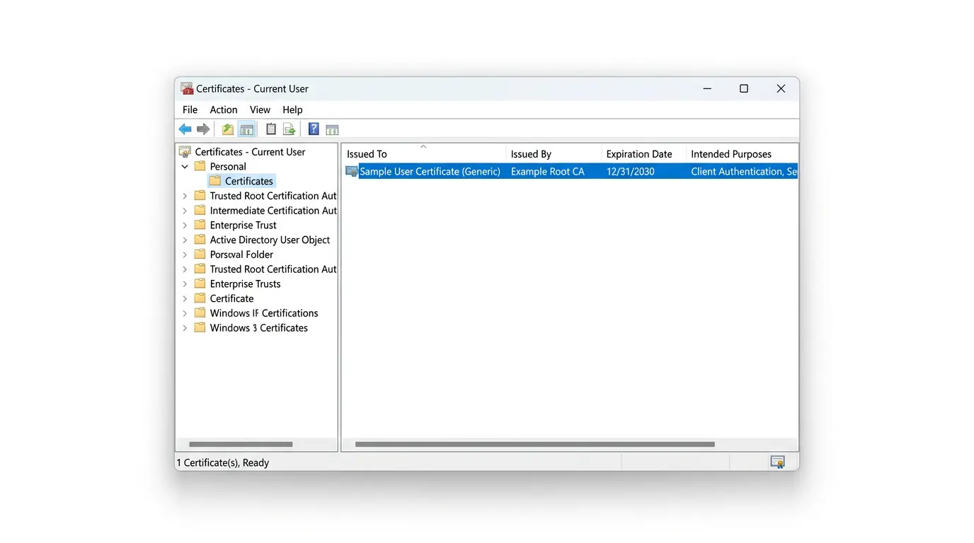 Windows Certificate Manager window showing the Personal Certificates folder with a digital signature certificate entry visible in the navigation tree