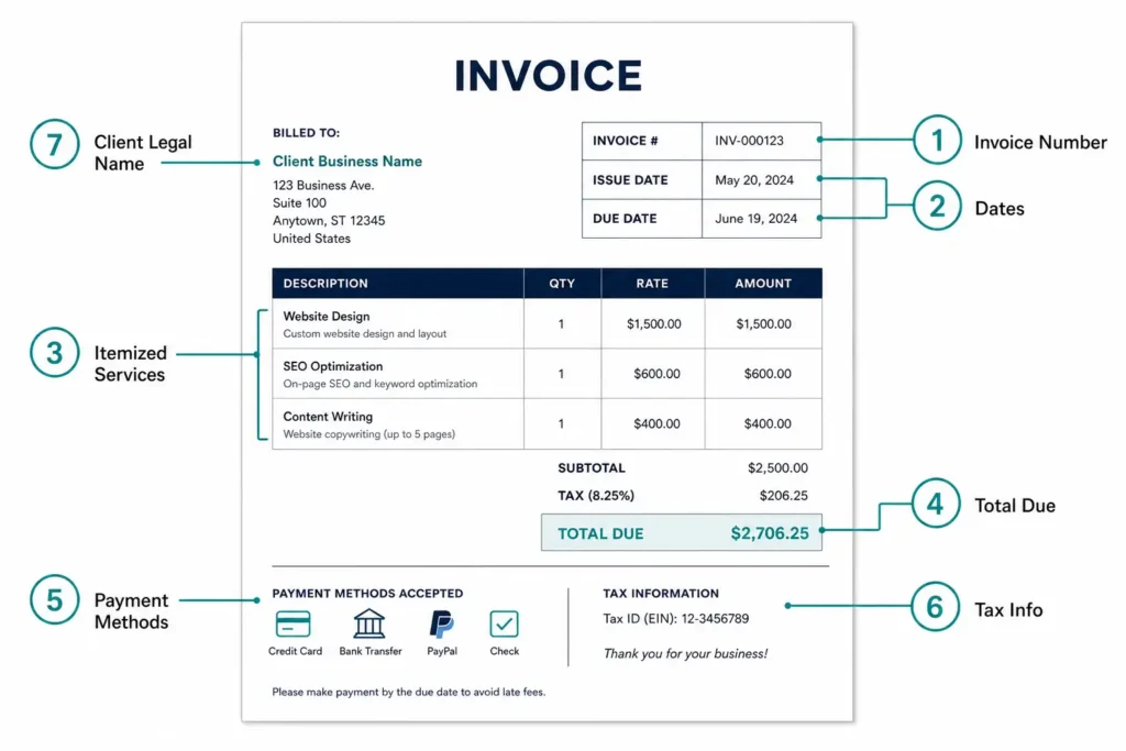 Labeled invoice example showing unique invoice number, issue and due dates, itemized services breakdown, total amount, accepted payment methods, tax identification number, and client legal name – the seven elements of a legally defensible freelance invoice.