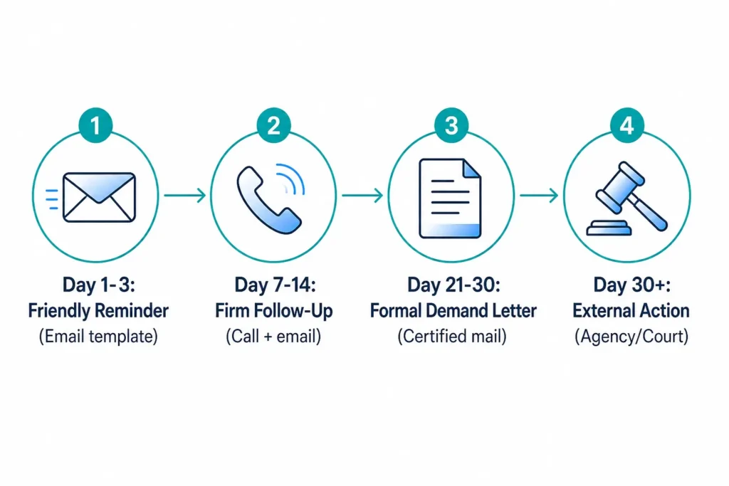 Four‑stage escalation timeline for collecting unpaid invoices: Day 1‑3 friendly reminder email, Day 7‑14 firm phone follow‑up, Day 21‑30 formal demand letter, Day 30+ collection agency or small claims court.