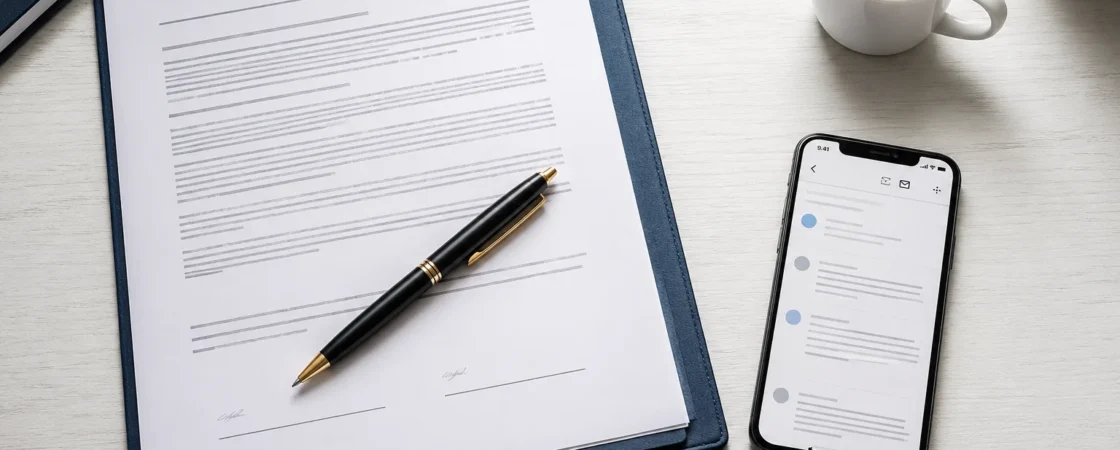 A blank unsigned freelance contract with a pen resting across it beside a smartphone on a clean professional desk