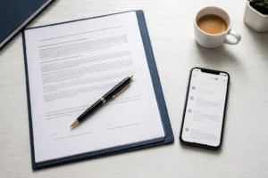 A blank unsigned freelance contract with a pen resting across it beside a smartphone on a clean professional desk