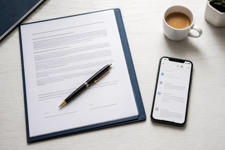 A blank unsigned freelance contract with a pen resting across it beside a smartphone on a clean professional desk