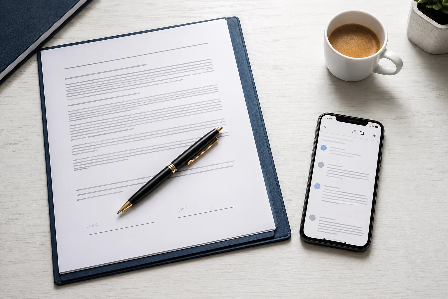 A blank unsigned freelance contract with a pen resting across it beside a smartphone on a clean professional desk