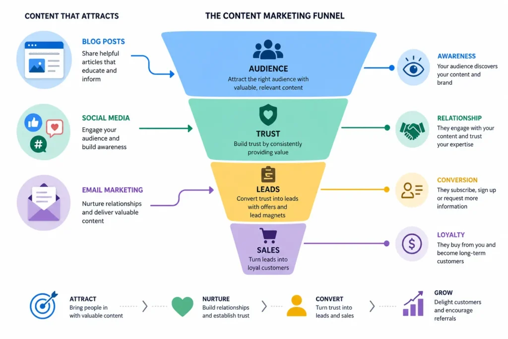 llustration showing content marketing funnel from content creation to leads and sales for small businesses