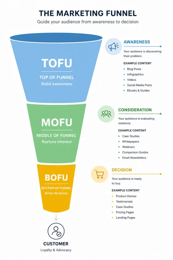Marketing funnel diagram showing TOFU MOFU and BOFU stages with content examples