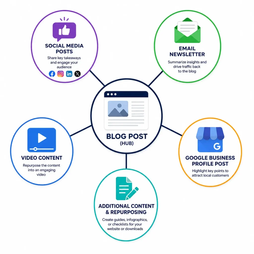 Diagram showing how one blog post is repurposed into multiple content formats