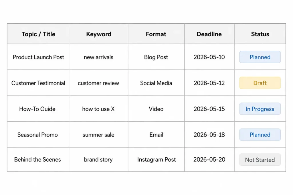 Example of a monthly content calendar with topics keywords and publishing status