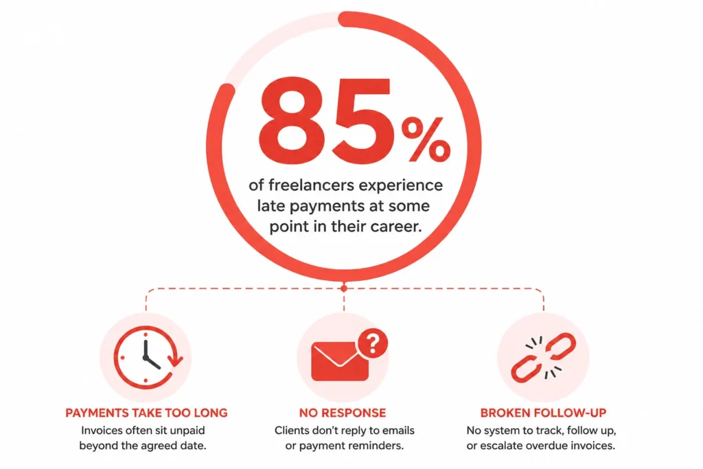 Infographic showing 85 percent of freelancers experience late payments due to manual invoicing problems like missing reminders and no payment tracking