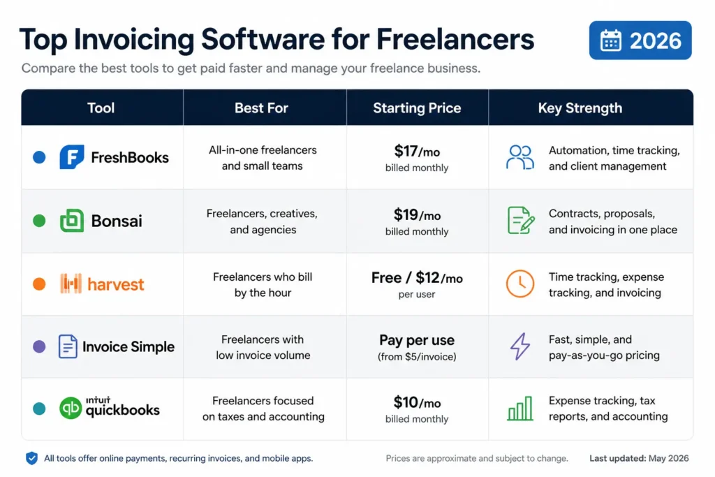 Comparison table of the 5 best invoicing software for freelancers in 2026 showing best use case, pricing, and key features for each tool