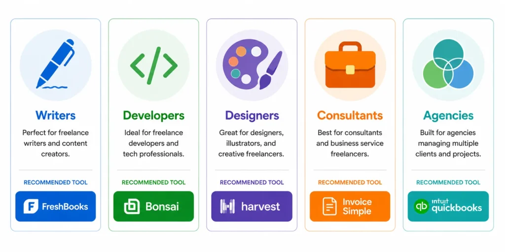 Infographic matching invoicing software recommendations to freelancer types including writers, developers, designers, consultants, and multi-income freelancers