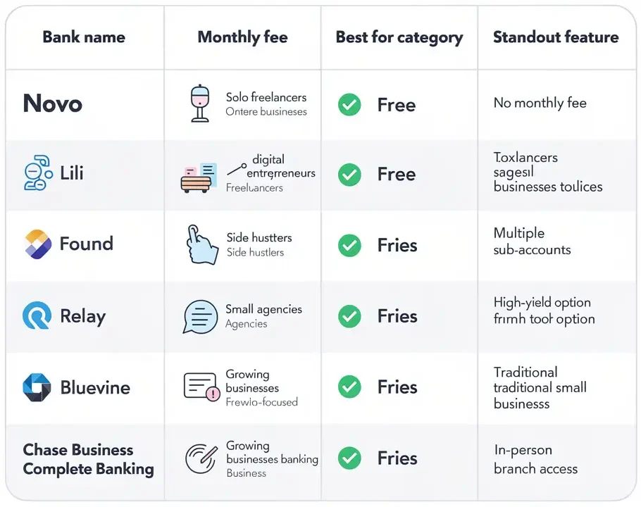 Comparison chart of the best bank accounts for freelancers in 2026 showing Novo Lili Found Relay Bluevine and Chase Business banking fees features and best use cases