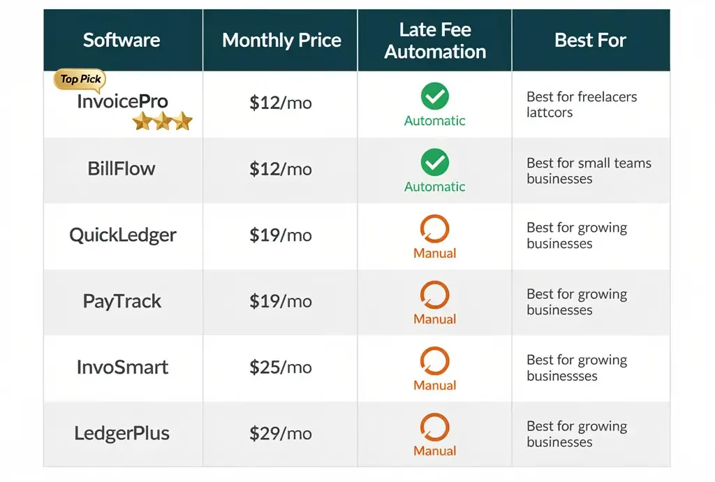 Comparison table of six invoicing software options for freelancers showing late fee automation features, pricing, and best-fit use cases