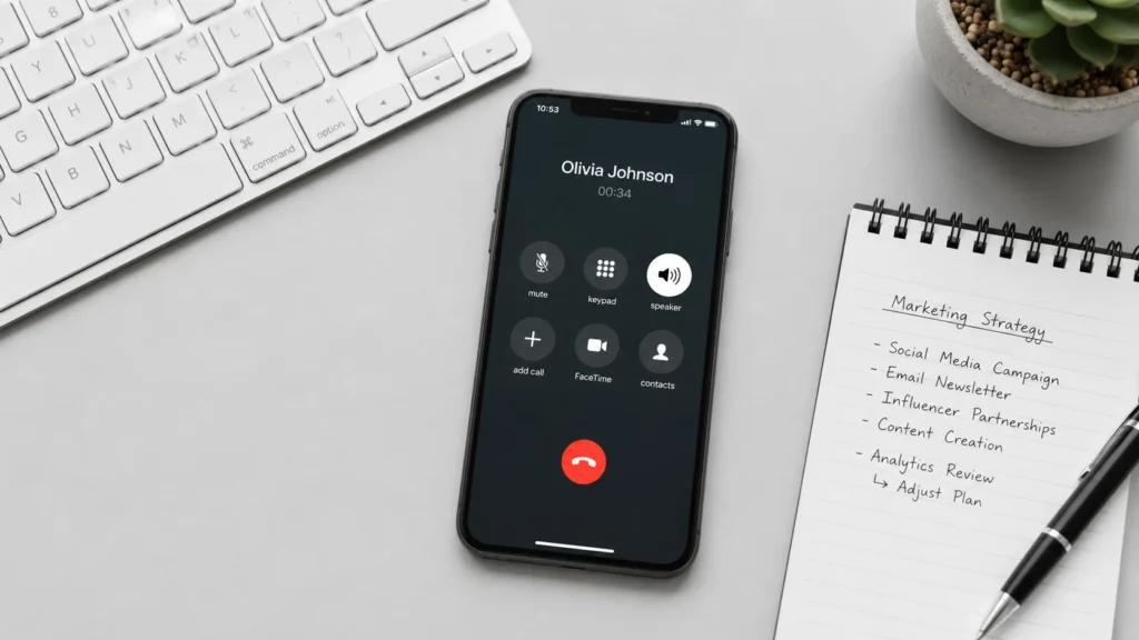 Smartphone on a desk showing an active call, representing following up with a client about an overdue invoice by phone