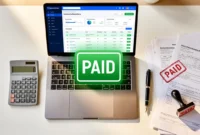 Professional business desk setup with laptop showing invoice management dashboard and paid stamp on paperwork Collect Unpaid Invoices