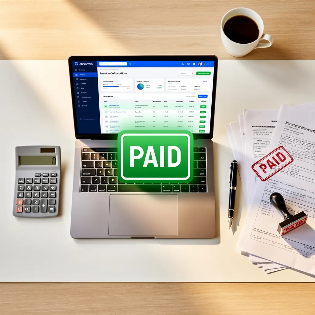 Professional business desk setup with laptop showing invoice management dashboard and paid stamp on paperwork Collect Unpaid Invoices