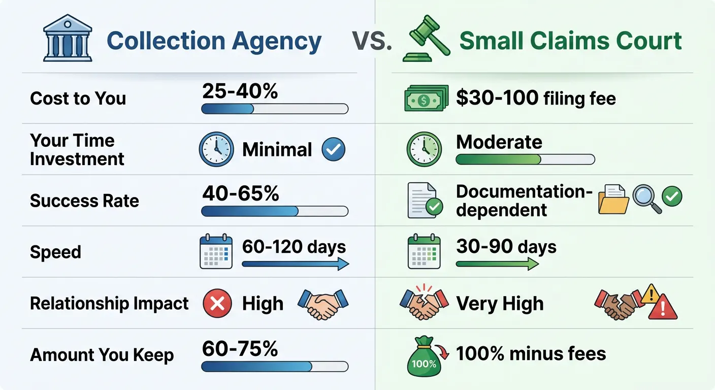 Infographic comparing collection agency and small claims court options
for unpaid invoices with cost, success rate, and timeline differences