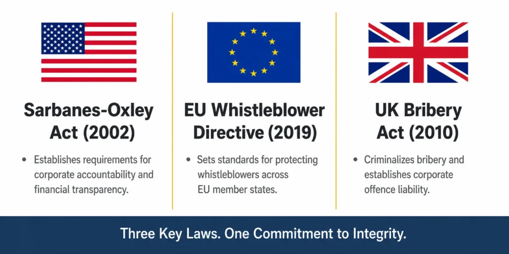 Three-column comparison showing electronic signature legal validity under US ESIGN Act 2000, EU eIDAS Regulation 2016, and UK Electronic Communications Act for freelance contracts