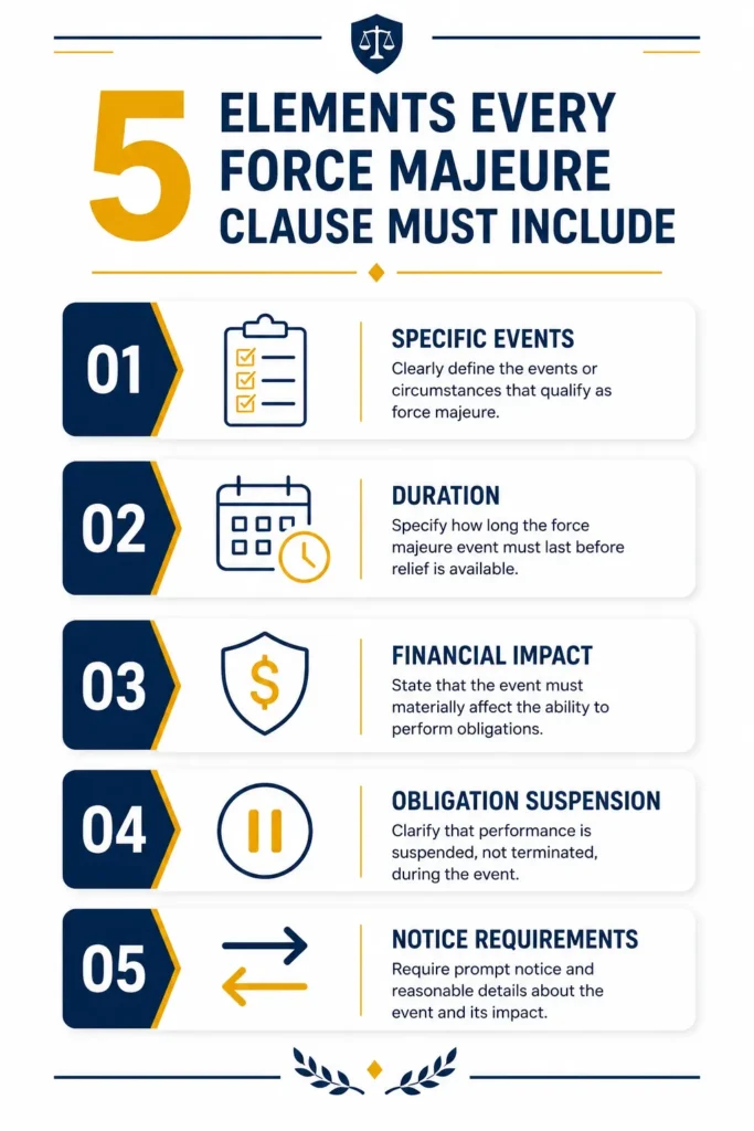 Infographic showing 5 required elements of a force
majeure clause in a freelance contract including specific
event list, notification window, payment protection,
suspension period, and mutual application