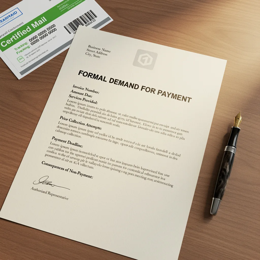 Mockup of formal demand letter for unpaid invoice with professional
letterhead and certified mail receipt