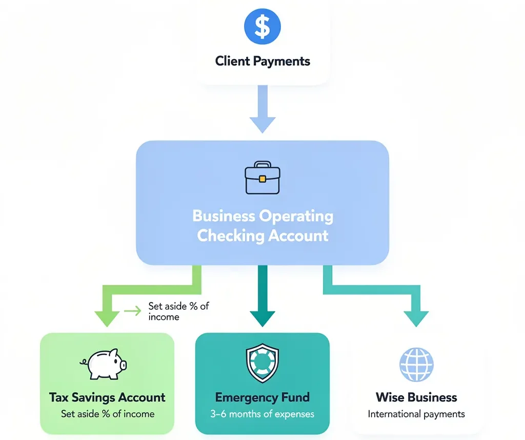 Flow diagram showing a complete freelance banking system with four accounts including business operating checking tax savings emergency fund and Wise Business for international payments