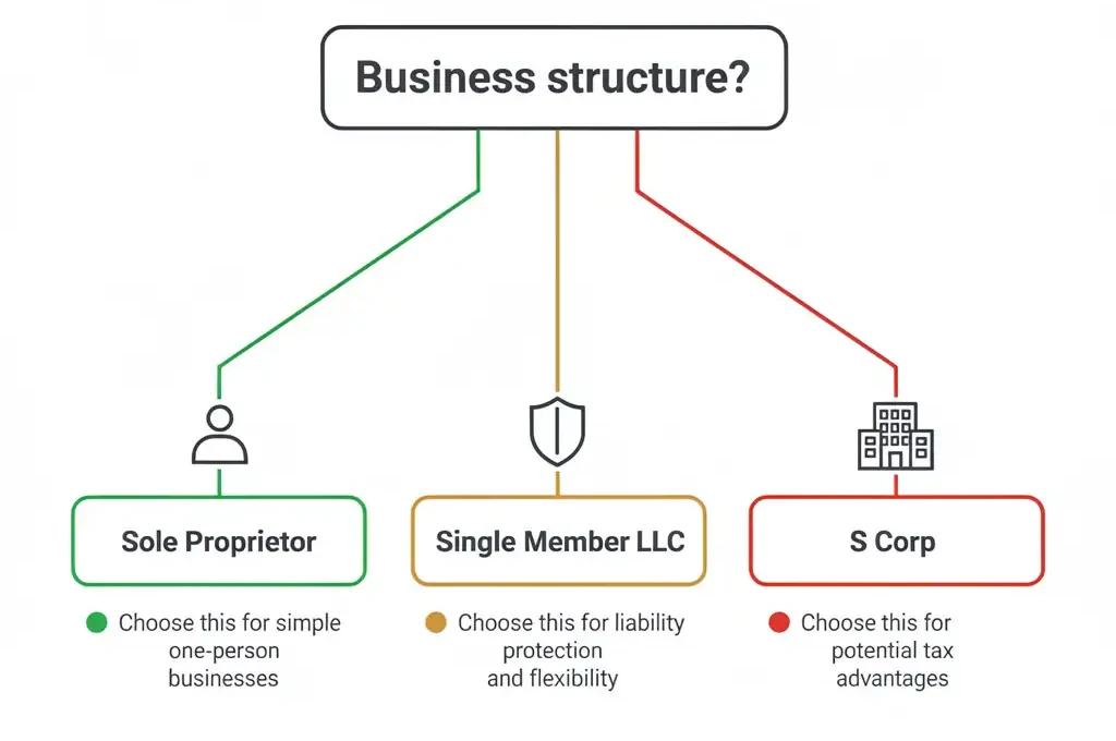 Decision flowchart showing which type of separate bank account freelancers need based on their business structure including sole proprietor LLC and S Corp
