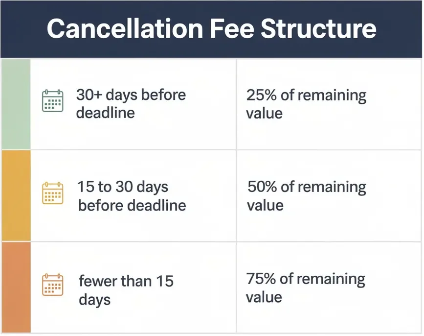 Tiered cancellation fee table for freelance contracts showing 25 percent fee for cancellations over 30 days out, 50 percent at 15 to 30 days, and 75 percent under 15 days from deadline