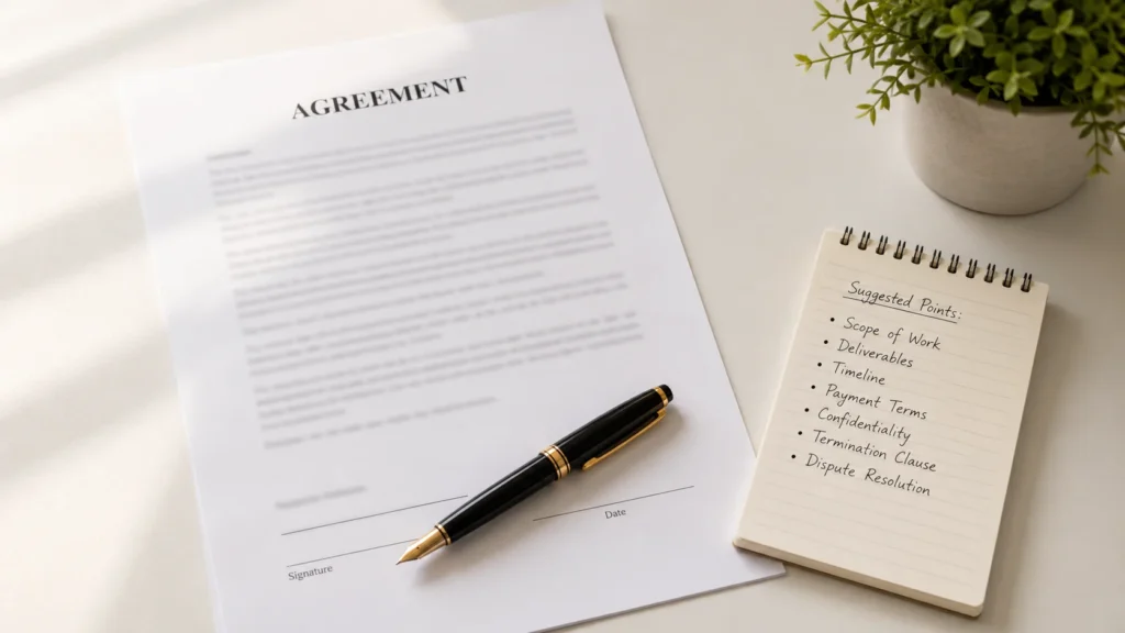 Contract document with pen on a desk representing essential freelance contract clauses that protect against client project cancellation
