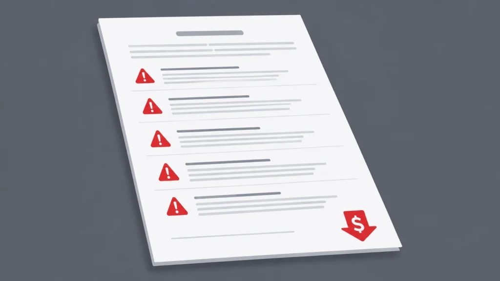 Illustration of a freelance contract document with five
warning flags highlighting common force majeure clause
mistakes that lead to financial loss for freelancers