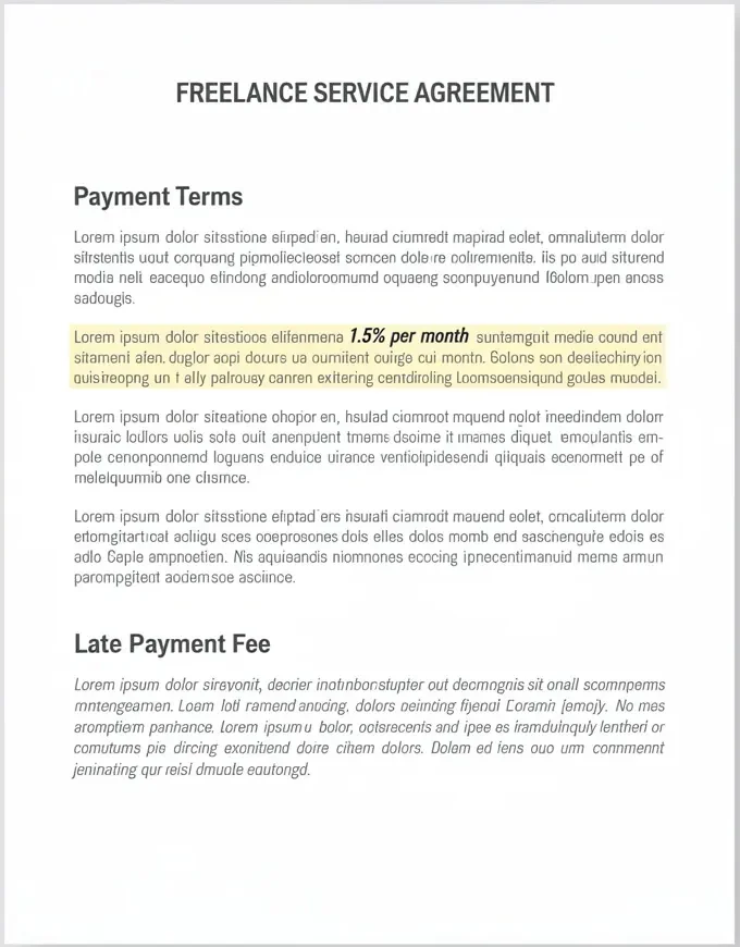 Freelance service contract document showing a late payment fee clause with 1.5% monthly rate and 7-day grace period highlighted in the Payment Terms section