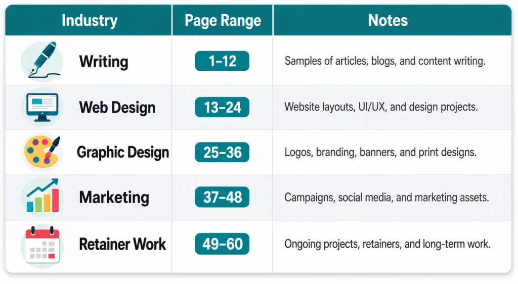 Table comparing freelance contract length by
industry showing page ranges for writing design
development marketing and retainer agreements