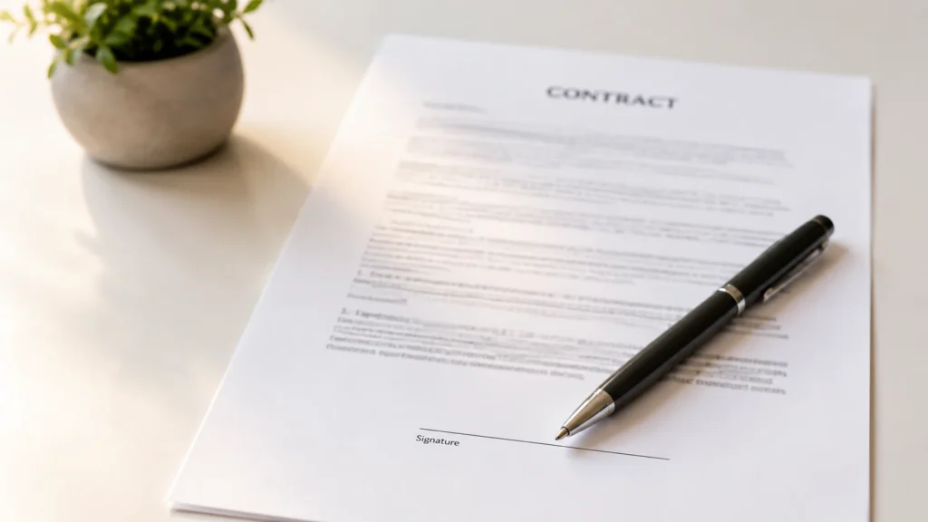 Clean contract document with pen on a desk, representing signing a freelance agreement with clear payment terms before starting client work