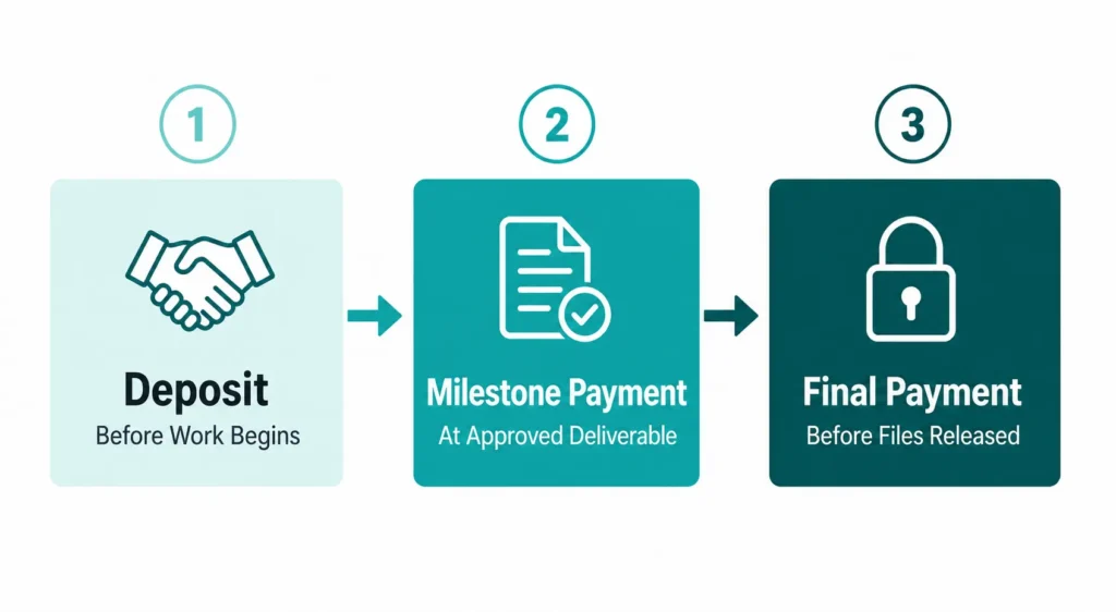 Three stage freelance payment timeline showing
deposit before work, milestone payment at
deliverable, and final payment before file release