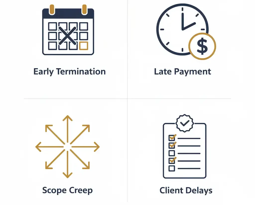 Four-quadrant infographic showing freelance contract protection types: early termination penalties, late payment penalties, scope creep penalties, and client approval delay provisions