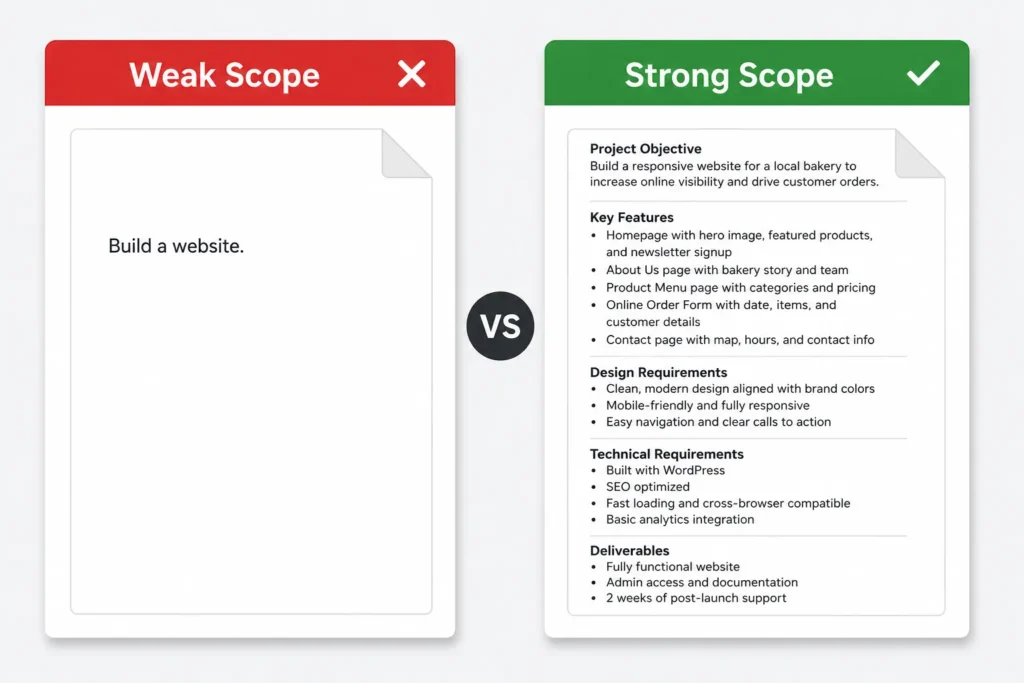 Side by side comparison of a weak and strong scope
of work statement in a freelance contract showing
vague versus specific language