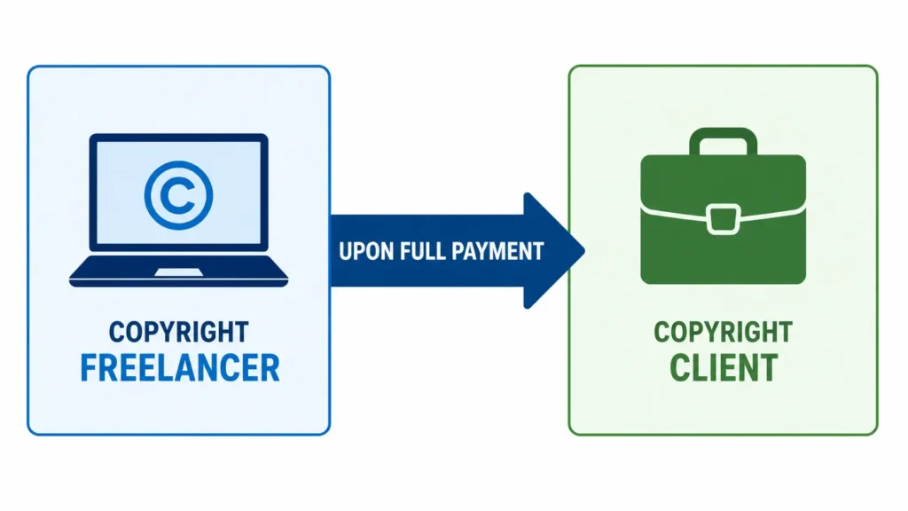 Diagram showing freelance intellectual property ownership stays with the contractor until full payment transfers copyright to the client