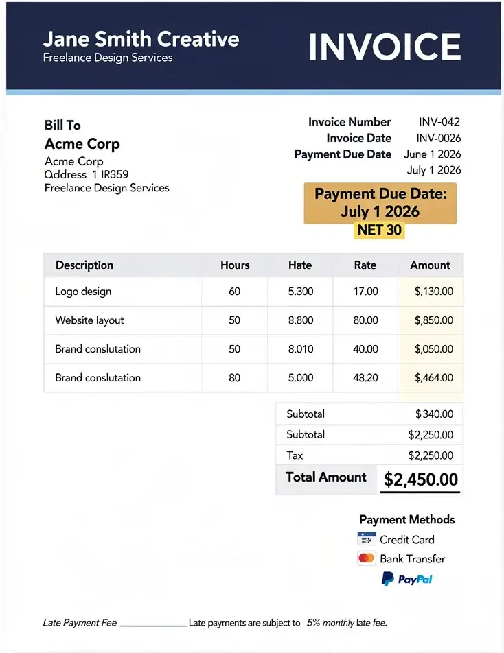 Sample freelance invoice showing net 30 payment due date, line item breakdown, and late payment fee clause