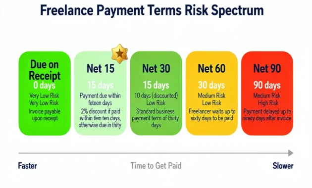 Infographic comparing freelance payment terms from due on receipt to net 90, showing risk level and days to pay for each option