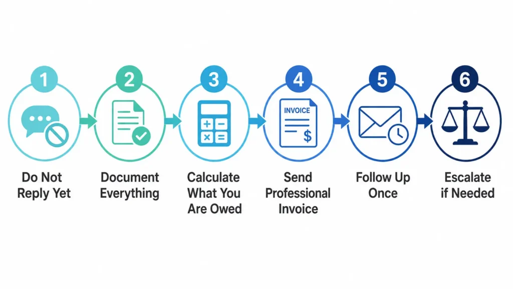 Six-step process diagram showing what freelancers should do when a client cancels a project mid way, from documentation to escalation