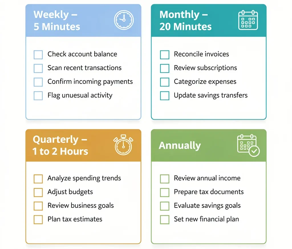 Four panel checklist infographic showing weekly monthly quarterly and annual freelance business bank account review habits and tasks

