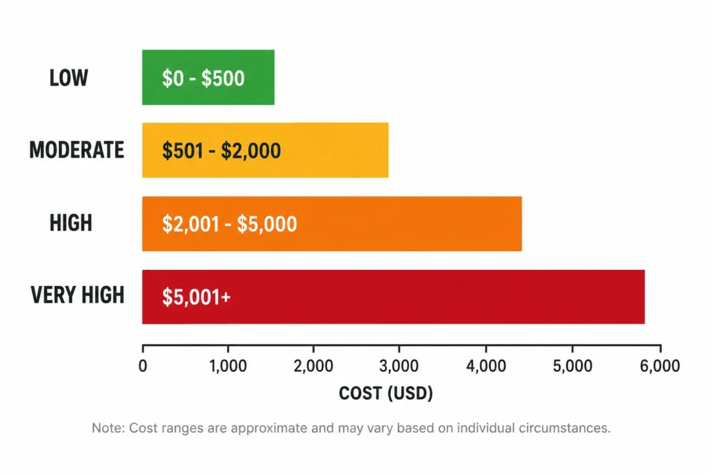 Horizontal bar chart showing freelancer defamation lawsuit costs from cease and desist letter at 500 to 1500 dollars through full trial at up to 300000 dollars