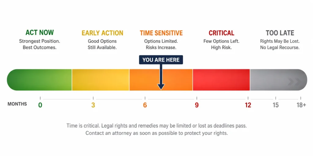 Horizontal timeline showing the statute of limitations for freelancer defamation claims with color zones from act early through deadline at 12 months in most states