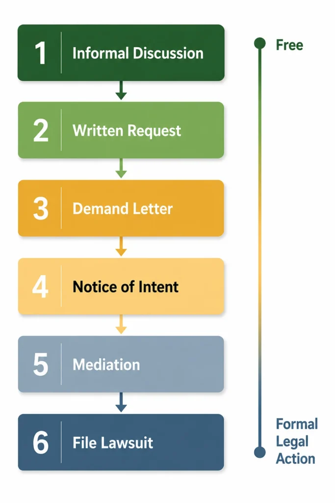 Six-step escalating process flow showing what freelancers should do when a client defames them from documenting evidence to consulting a defamation attorney