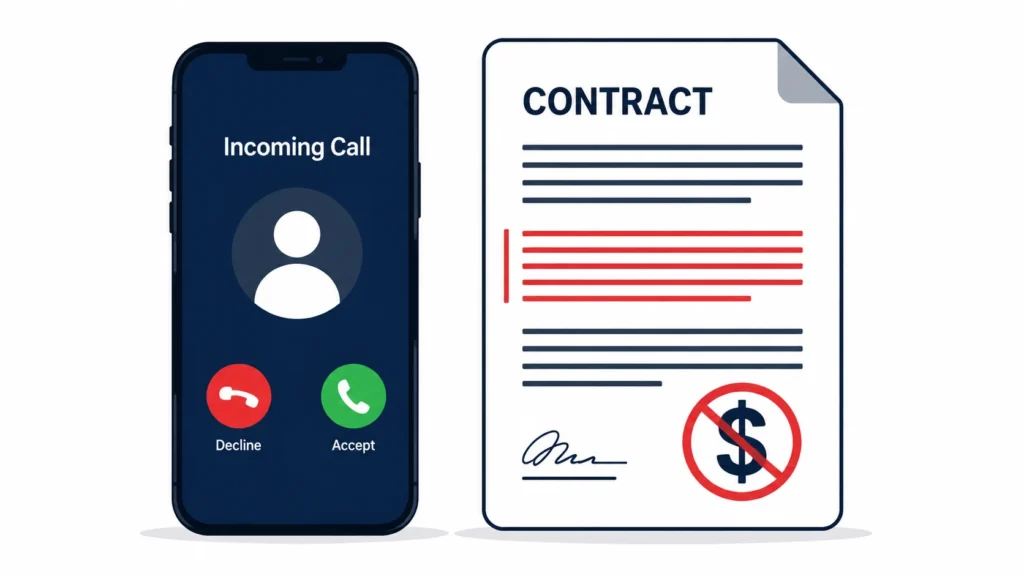 Illustration of a phone call notification beside a
freelance contract with a force majeure clause highlighted
in red representing a payment dispute