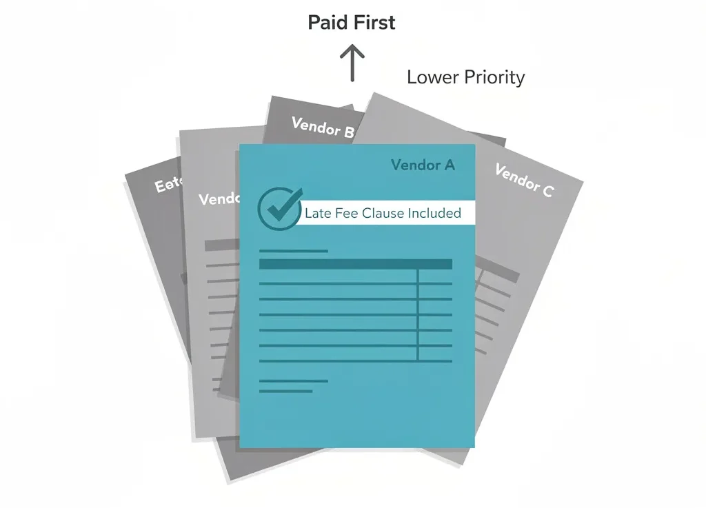 Illustration showing a stack of invoices with a late payment fee clause invoice prioritized at the top above lower-priority invoices without late fee terms