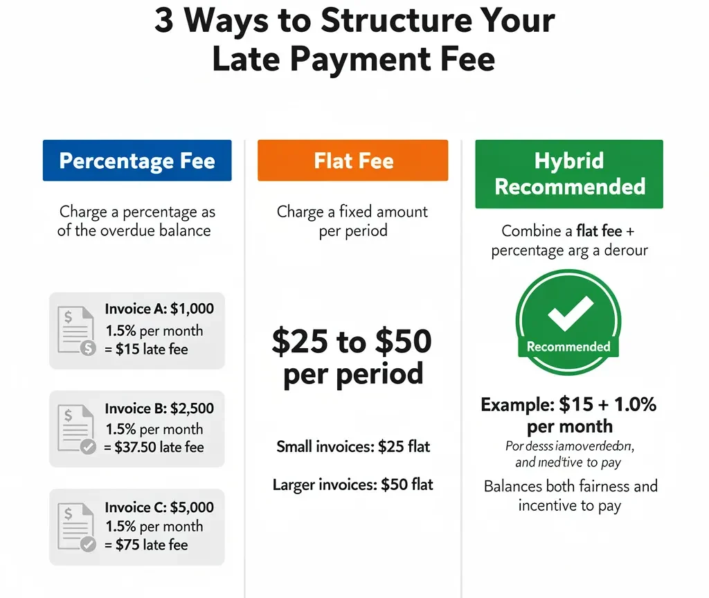 Infographic comparing three freelancer late payment fee structures: 1.5% monthly percentage fee, $25 to $50 flat fee, and hybrid approach