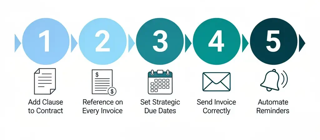 Five-step diagram showing how to set up a late payment fee policy for freelancer invoices: contract clause, invoice reference, due dates, correct sending, and automated reminders